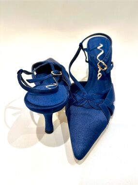 Navy Satin Slingback Heels Pointed Toe Elegant Wedding Evening Shoes Size 8.5